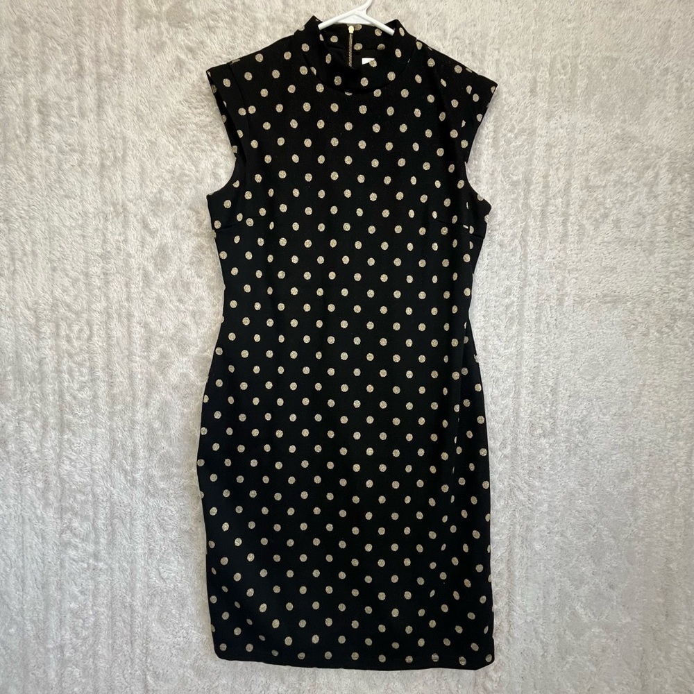 Spense Black Gold Polka Dot Dress Sz M Back Zipper Sparkly Mock Neck Sleeveless